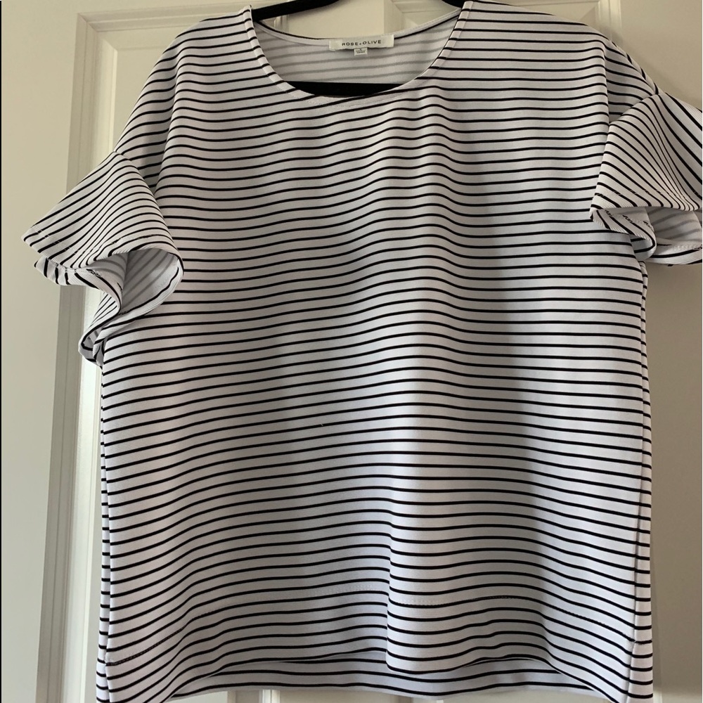 White and black lined blouse with bell sleeves